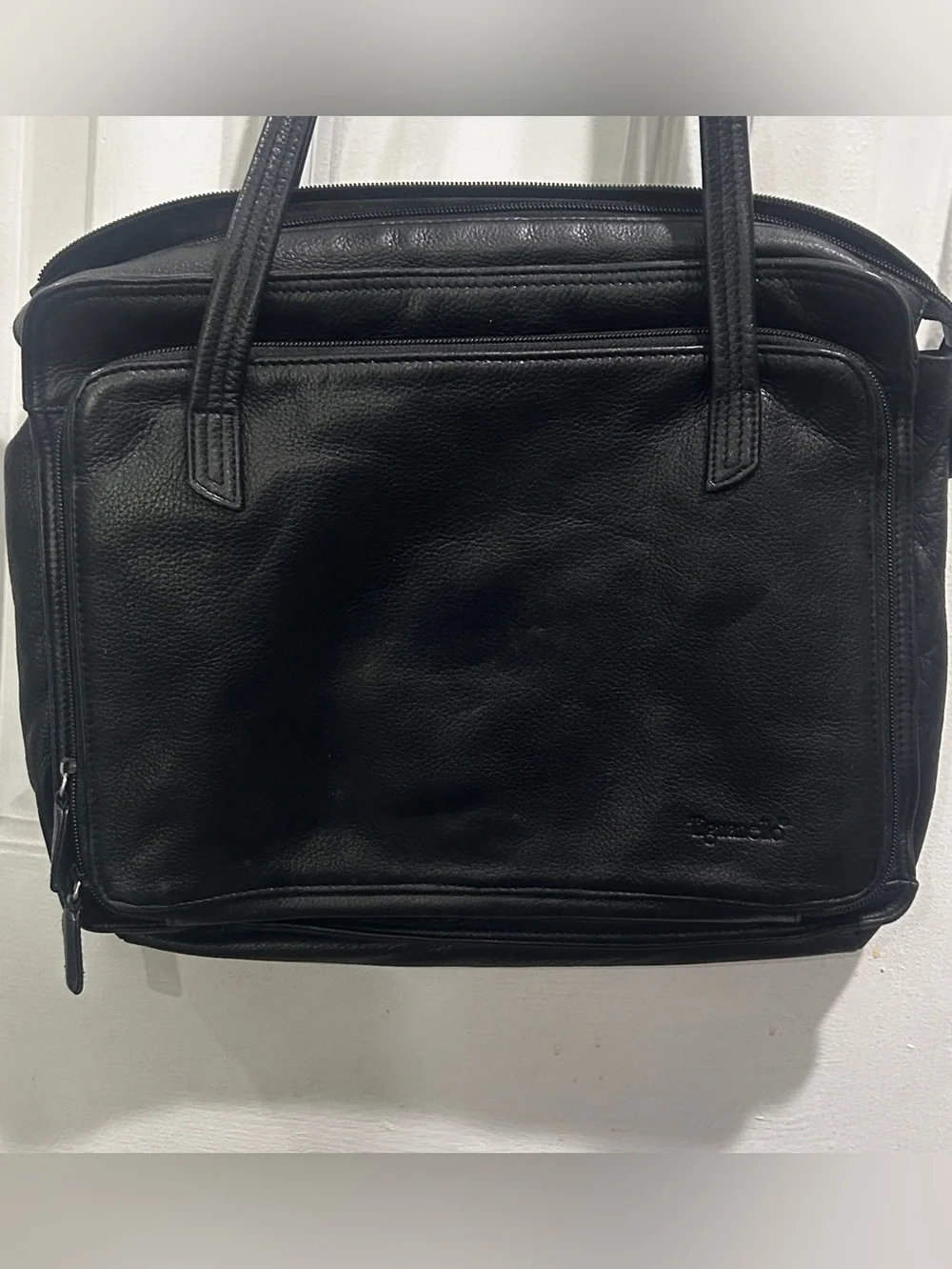Tignanello Black Pebbled Leather Briefcase Tote with Front Zip Pocket